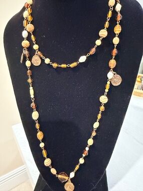 Beaded Long Necklace in Amber and Cream by